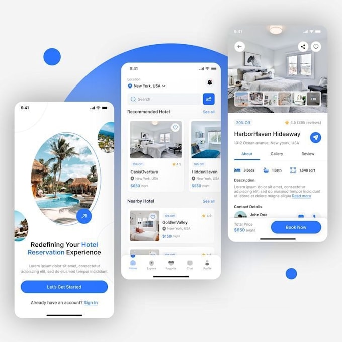 Hotel booking app, reservation system, vacation planner, flight booking ...