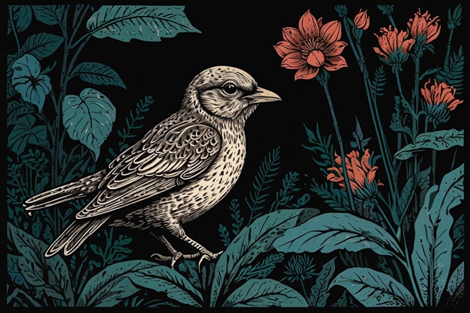 illustrate botanical and animal linocut vector illustration