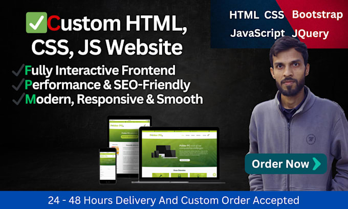 custom website development with HTML CSS javascript beautiful website design