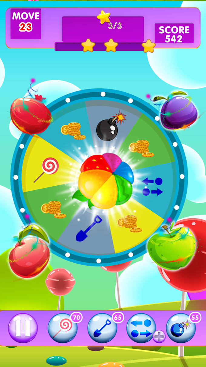 design 2d game asset, icons, UI, props, match 3, background