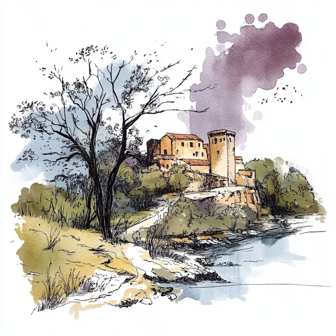 Hand draw landscape sketch watercolor and ink by Mehtand | Fiverr