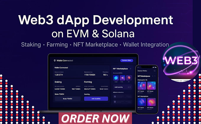 develop web3 dapp on evm or solana with staking, farming, or nft marketplace