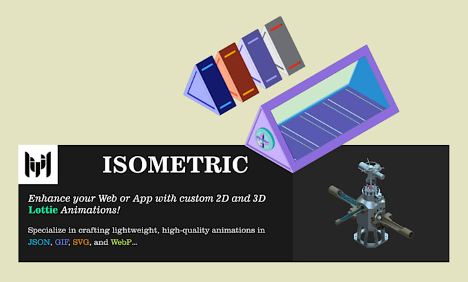create custom isometric 2d 3d logo lottie json GIF svg UI animations for web app