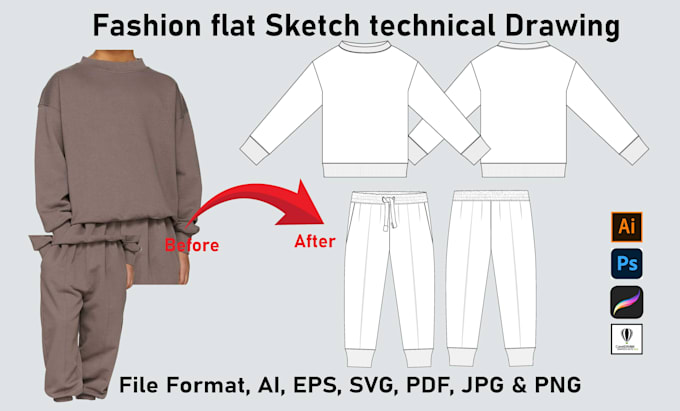 do technical drawing fashion flat sketches illustration