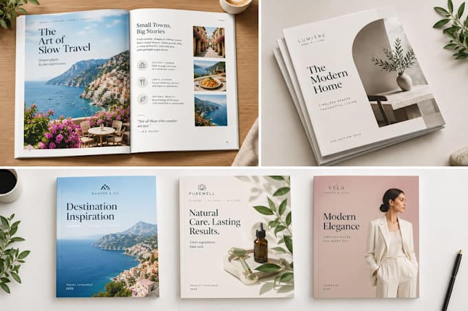 design a magazine catalogue or booklet layout for print or digital
