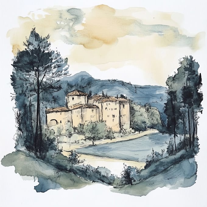 Hand draw landscape sketch watercolor and ink by Danbrace | Fiverr