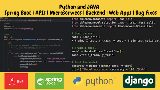 do python and java spring boot API, backend and web apps