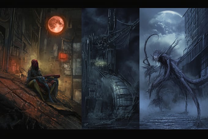 do sci fi horror and fantasy scene concept art illustrations