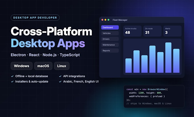 develop a cross platform desktop app with electron js, react and node js