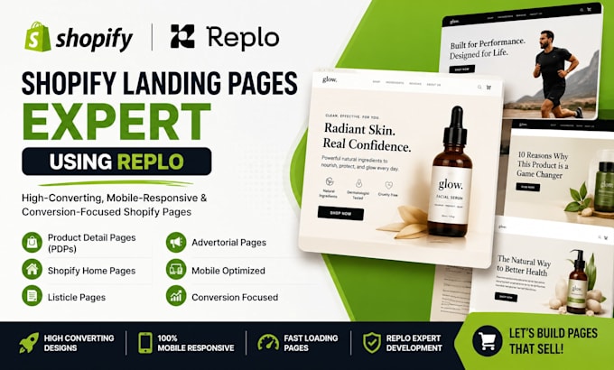 develop landing page, product page, listicle, and advertorial page in replo