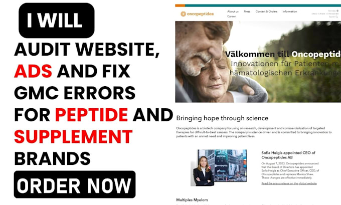 audit peptide website, ads and fix gmc errors for peptide supplement brands