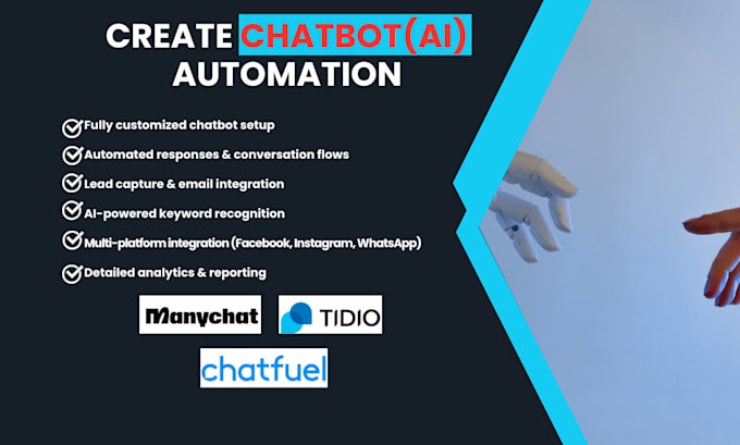 create ai chatbot, website, whatapps,telegram,facebook manychat, chatfuel, tidio