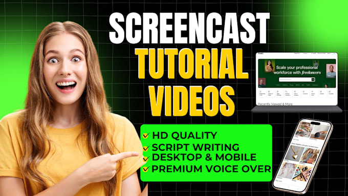 create 4k screencast tutorial or explainer video for website, app with voiceover