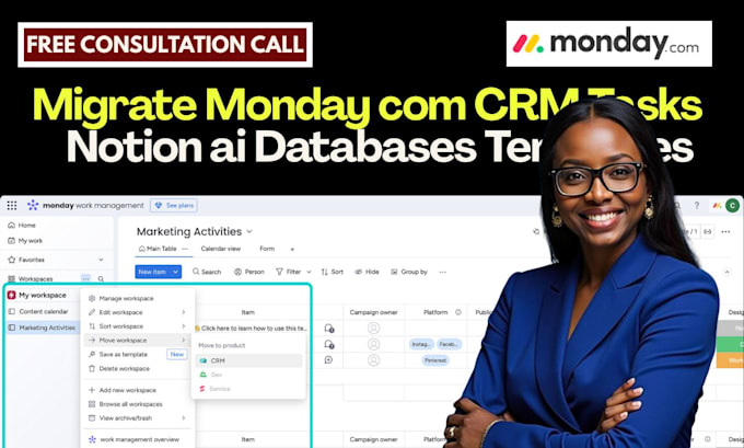 migrate monday com CRM tasks automations workflows notion ai databases templates