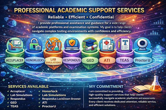 honorlocks, respondus, accuplacer, ged, herzing, ati teas, lab simulations