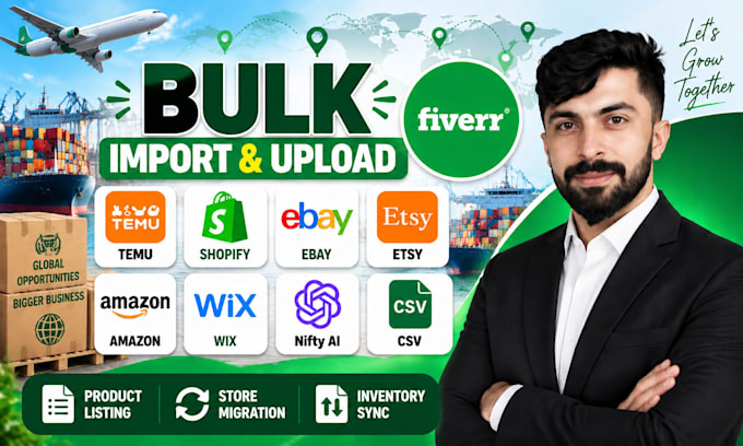 do bulk import and upload products on temu tiktok shopify wix ebay nifty etsy va