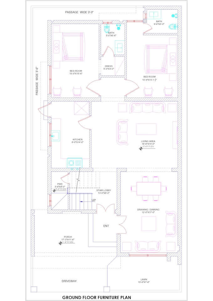 architectural floor plan and furniture layout with elevation