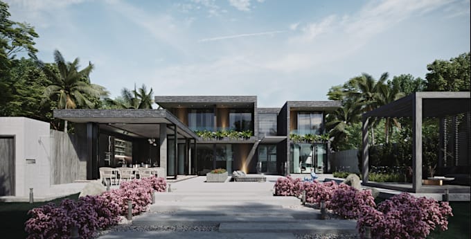 modernize 3d interior, exterior villa house,cgi rendering,modern facade, balcony