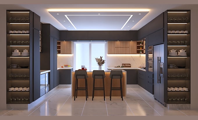 design modern kitchen, cabinets, pantry, and bathroom with 3d rendering