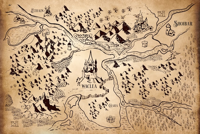 do fantasy map with parchment style for storybook