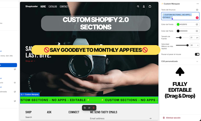 code custom shopify sections in liquid, no apps needed