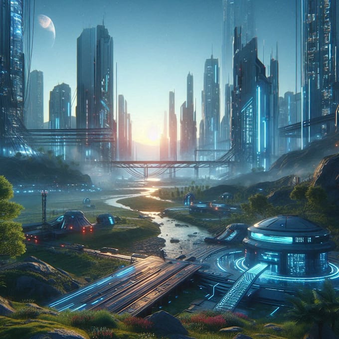 create sci fi or cyberpunk landscape artwork