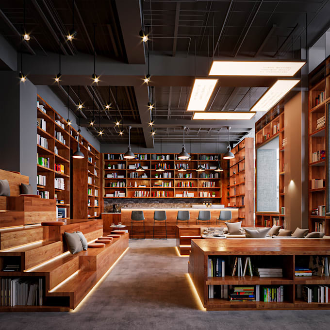 Render school library,piano,bookshelf,wall floor design,public library ...