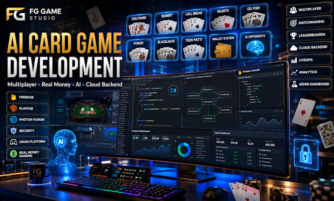 develop real money card games, solitaire, rummy with ai multiplayer