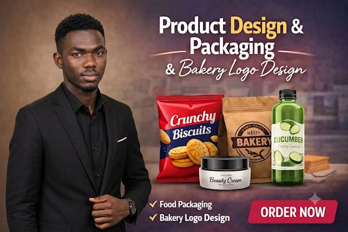do product design, packaging, and design bakery logo