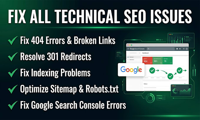 resolve 301 redirects, 404 errors, indexing, and all technical SEO problem