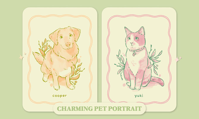 create a custom pet portrait, dog, cat, in a charming style