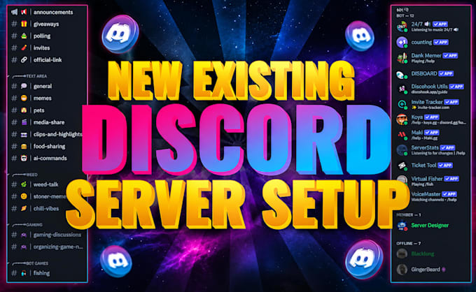 setup a professional discord server with bots, roles and channels