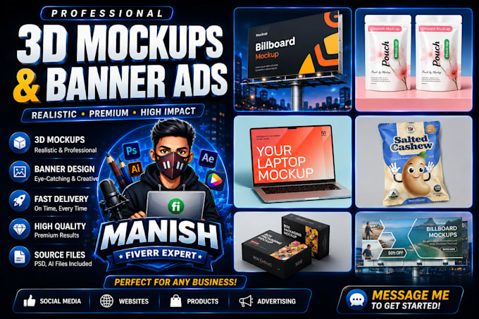 design realistic 3d billboard, packaging, and banner mockups
