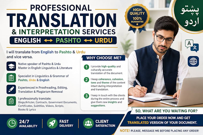 professionally translate between english, pashto, and urdu