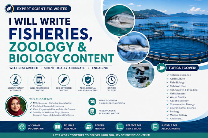 write expert fisheries zoology and biology content