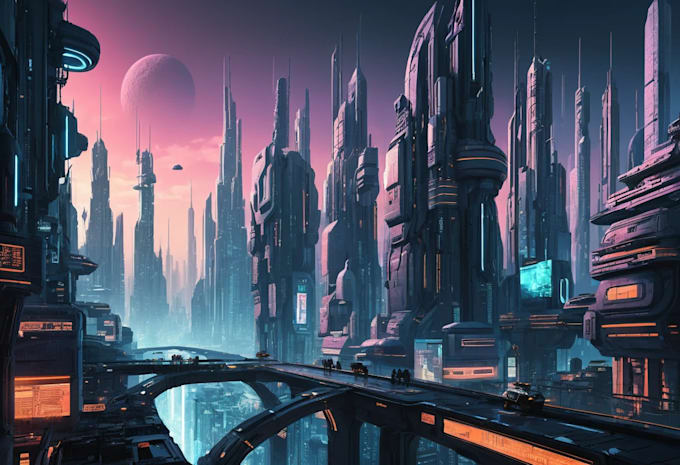 Draw illustration of futuristic cyberpunk city by Kaziorrison | Fiverr