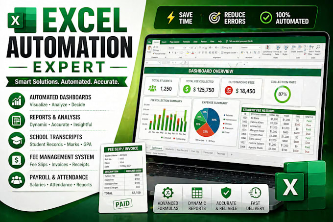build automated excel sheets for reports, payroll, and fee management