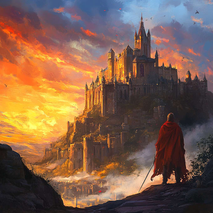 do an epic fantasy artwork with monsters, dragons, castles