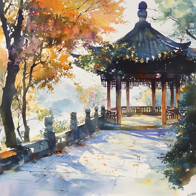 paint landscape and architechtural structure with watercolor