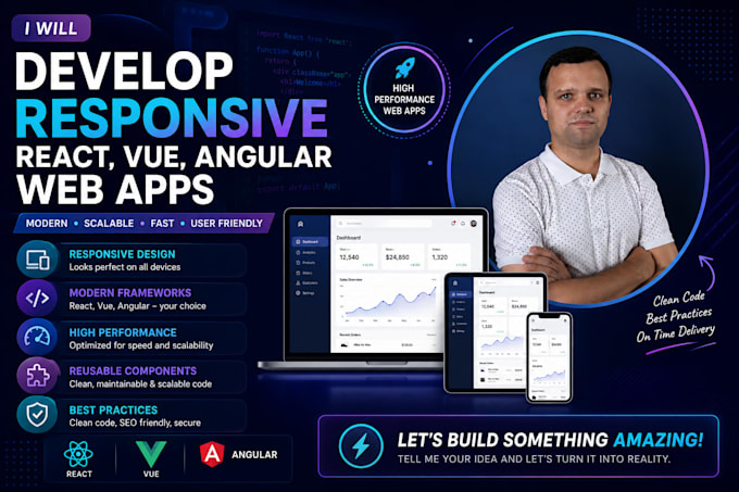 develop a responsive react, vue, angular web app
