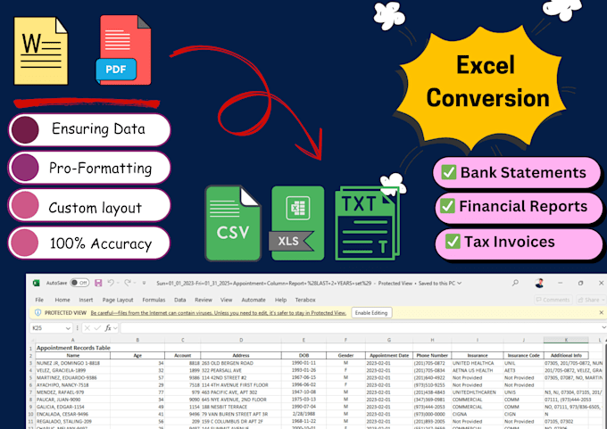 convert pdf or word to excel for financial reports, bank statement, tax invoices
