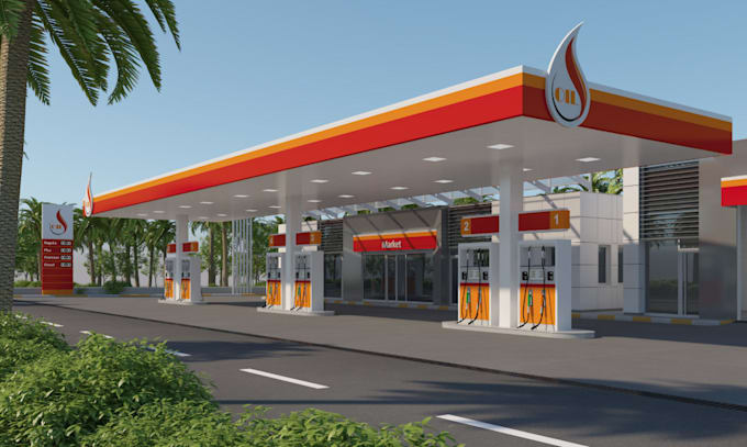 design modern petrol station design,3d cgi fuel station, bus stands,gas station