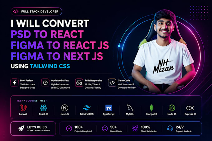 convert psd to react, figma to react js, figma to next js using tailwind css