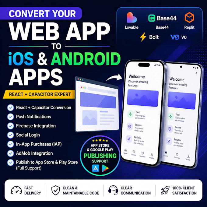 convert your lovable base44 web app to ios and android and publish to stores