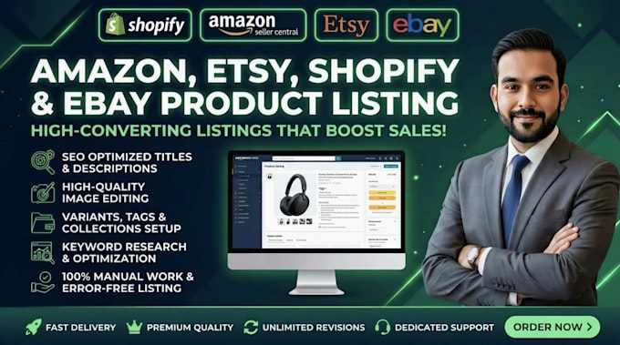manage shopify product listing, ebay, etsy, and amazon store