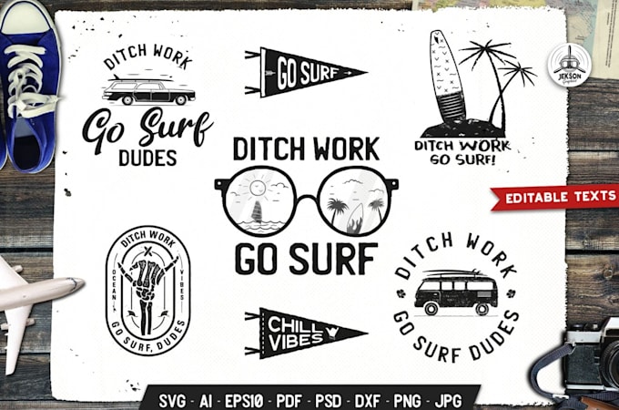 make vintage hand drawn summer surfing logo