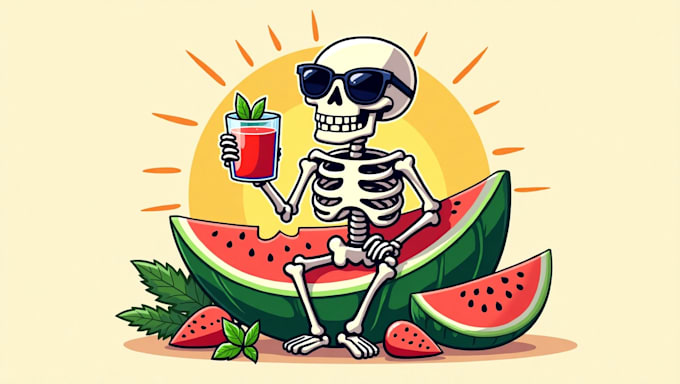 create skeleton drinking o watermelon logo within two days