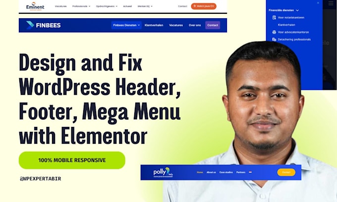 design and fix wordpress header, footer, mega menu with elementor, responsive
