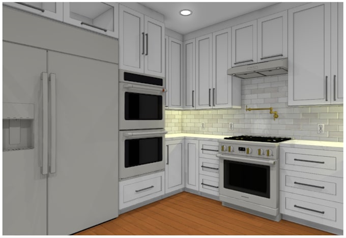 design kitchen cabinet plan, elevation, 3d and cutting lists