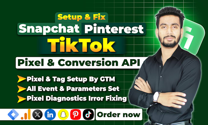 setup tiktok pixel event API, snapchat, pinterest pixel, conversion API via GTM